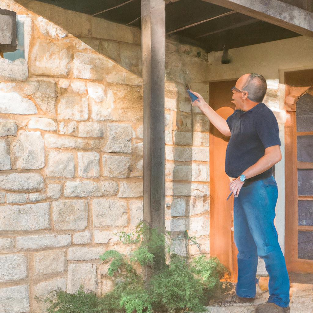 A homeowner sealing cracks and crevices to prevent pests from entering their property in Kyle, TX.