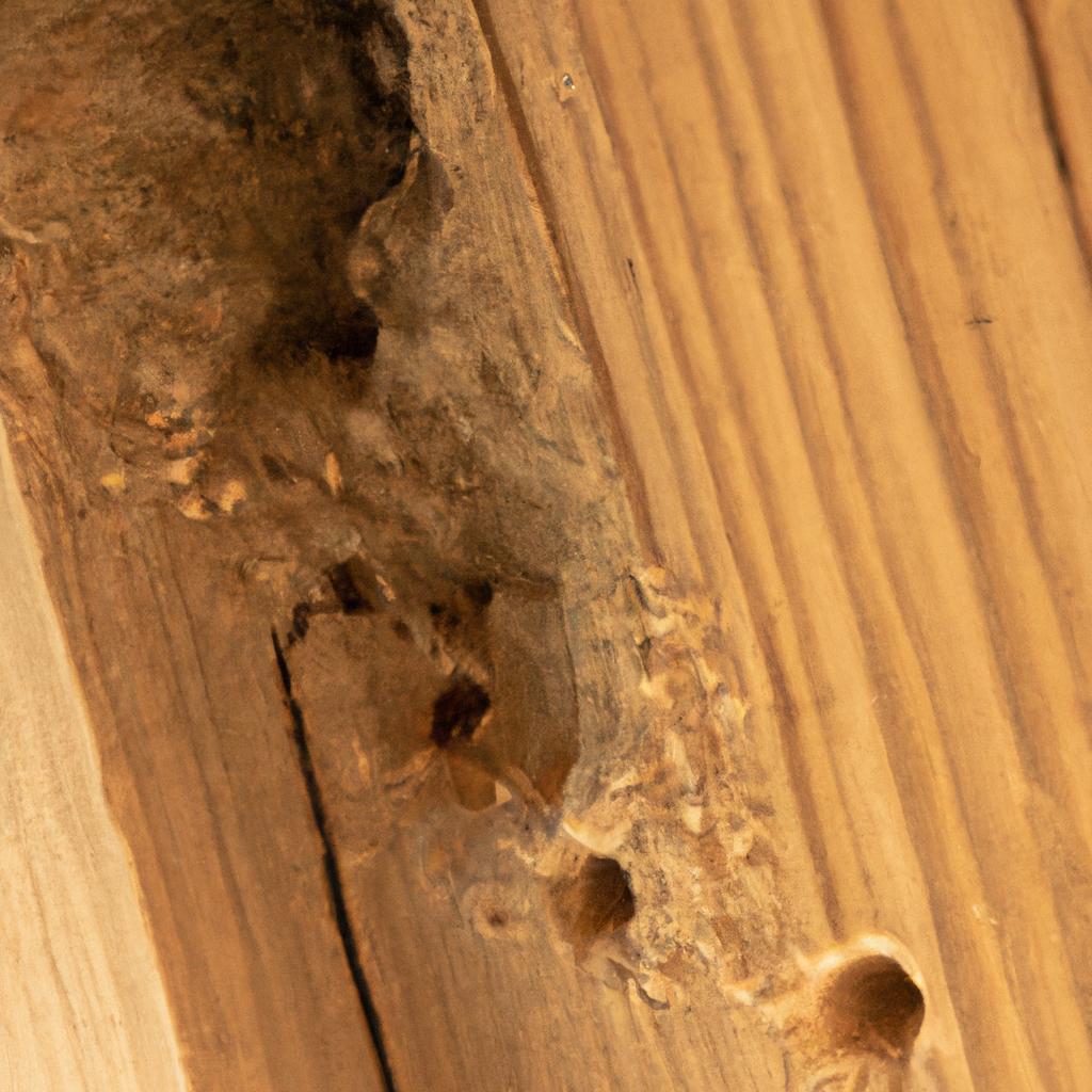 A severe termite infestation damaging the integrity of a wooden structure in Lawrence, KS.